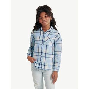 NWT Justice Girl's Long Sleeve Plaid Flannel Collared Top, Size: XL PLUS